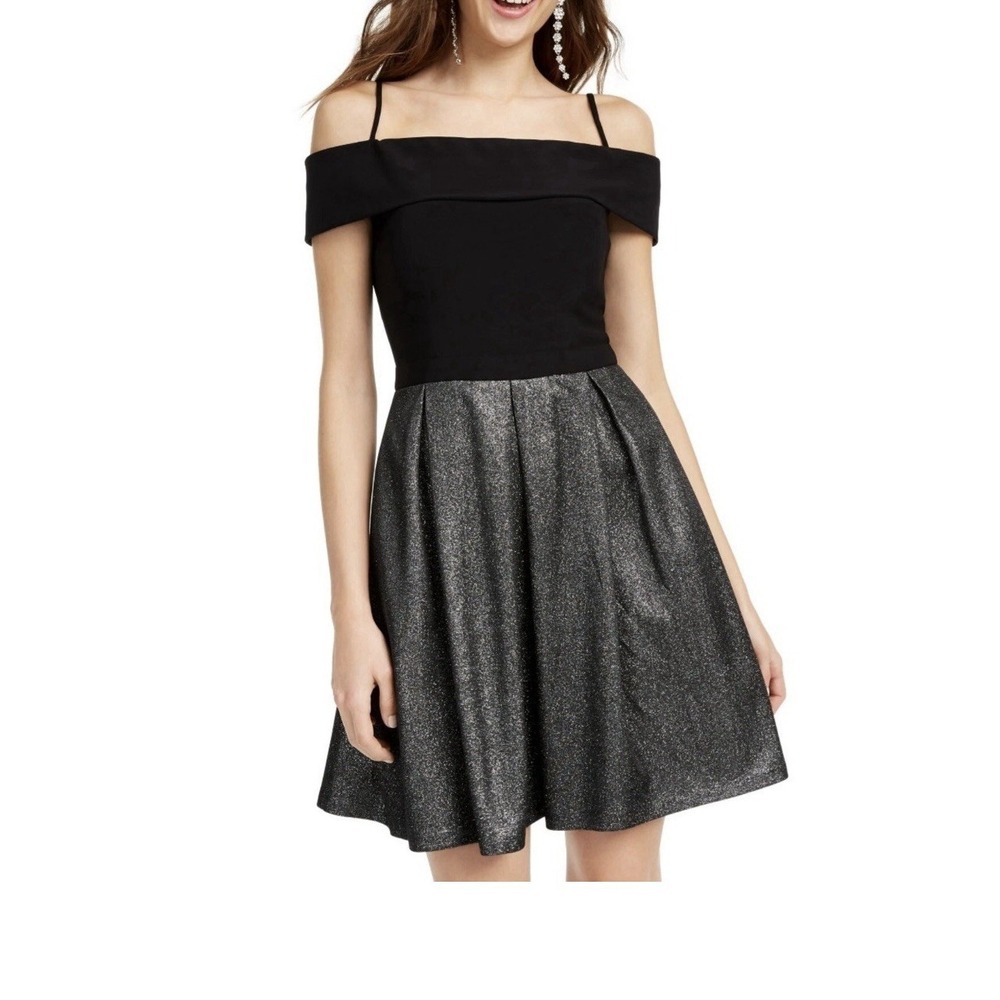 Off The Shoulder Metallic Pleated Skirt Cocktail Dress Women Small Black Silver